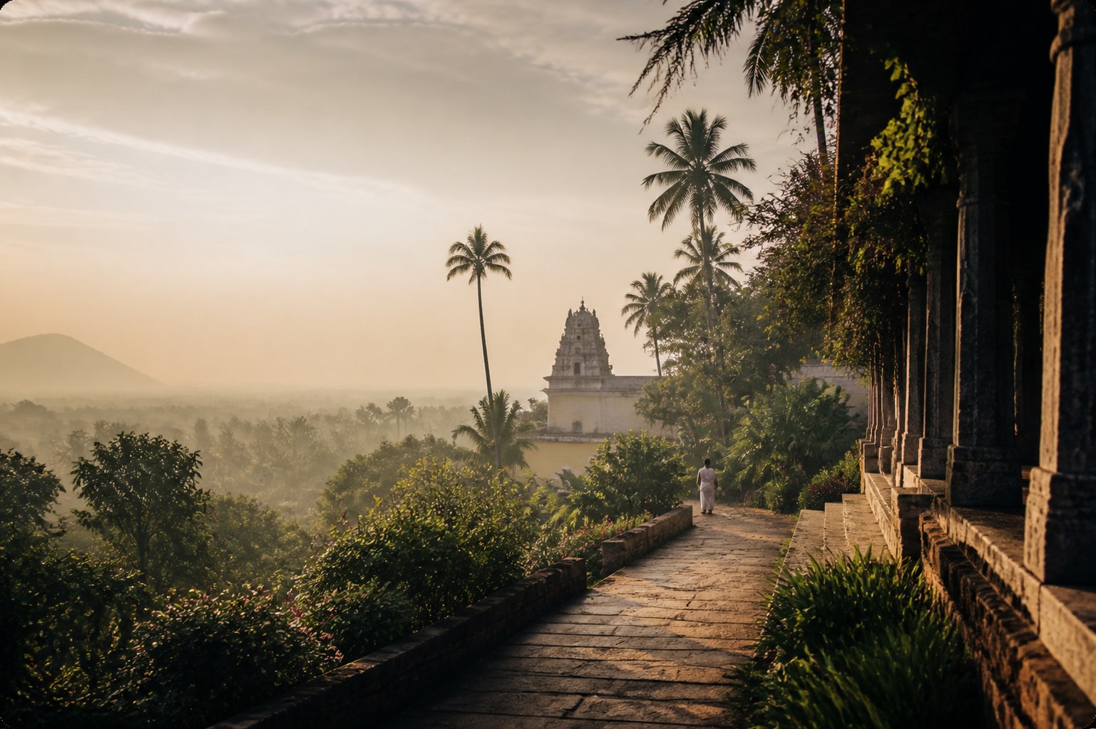 South India temple landscape at warm light